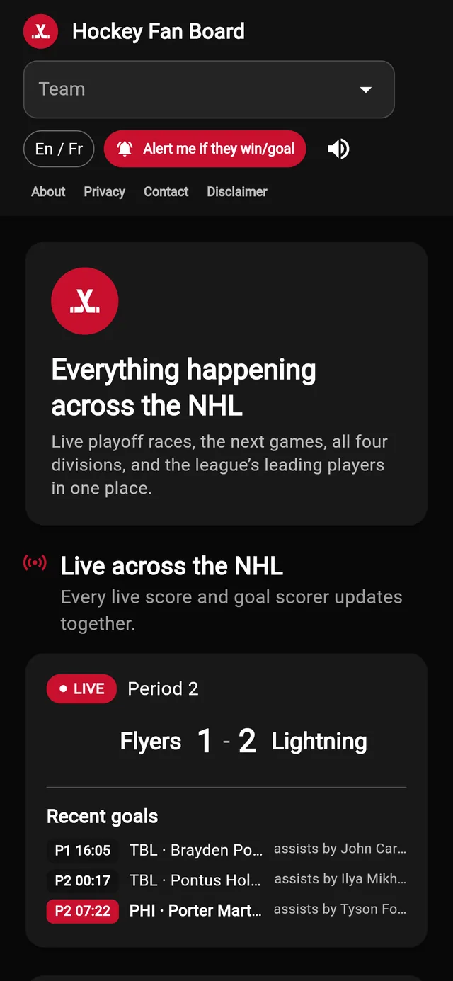 Hockey Fan Board on mobile
